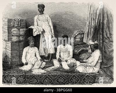 Mercanti di Calcutta. Marwaris nativi di Marwar nel Rajpootana. Kolkata, stato del Bengala Occidentale. India. Disegno di A. Duvivier. Viaggi in India centrale e nelle Presidenze di Bombay e Bengala, 1876 di Louis Theophile Marie Rousselet (1845-1929) le Tour du Monde 1874 Foto Stock