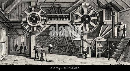 Batteria di pestelli per la macinazione di minerali d'argento, fabbriche di Gould e Curry, Virginia City. Nevada, Stati Uniti d'America. Disegno di Auguste Jahandier (1837-1875) viaggio da Washington a San Francisco, 1868 di Lambert Marius Laurent Louis Simonin (1830-1886) le Tour du Monde 1874 Foto Stock