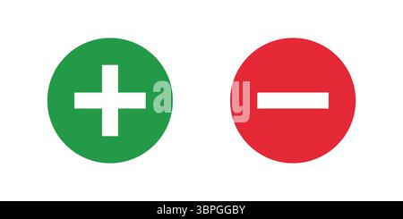 I simboli verdi più e rossi meno all'interno dei cerchi che rappresentano l'aumento negativo positivo della sottrazione dell'aggiunta diminuiscono la valutazione di disapprovazione dell'approvazione Illustrazione Vettoriale
