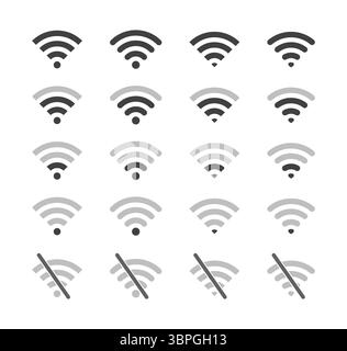 Icone del segnale Wi-Fi per la connettività di rete e la comunicazione con livelli di potenza variabili e assenza di segnale Illustrazione Vettoriale