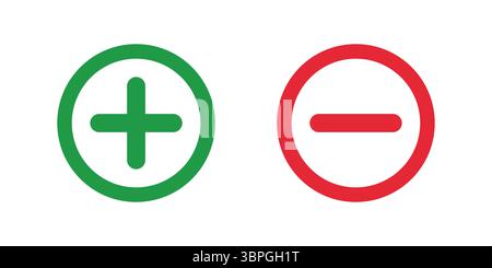 I simboli verdi più e rossi meno all'interno dei cerchi che rappresentano l'aumento negativo positivo della sottrazione dell'aggiunta diminuiscono la valutazione di disapprovazione dell'approvazione Illustrazione Vettoriale