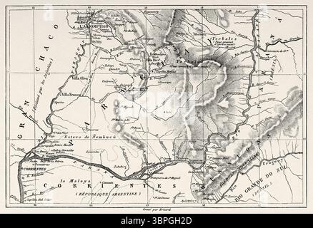 Vecchia mappa del fiume Parana e del fiume Paraguay. America centrale del Sud. Paraguay, frammenti di giornale e corrispondenza, 1872-1873 di Louis Forgues. Le Tour du Monde 1874 Foto Stock