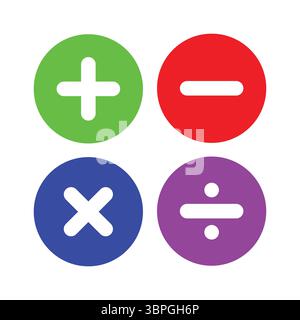 Simboli di operazioni matematiche più, meno, icone di moltiplicazione e divisione in un design semplice, che rappresenta l'operazione aritmetica di base Illustrazione Vettoriale