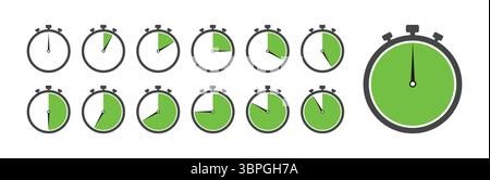 Icona cronometro impostata con diversi livelli di avanzamento, che mostra intervalli di tempo variabili in un design semplice e pulito con segmenti verdi che indicano il tempo trascorso Illustrazione Vettoriale