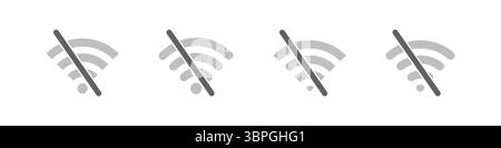 Icone di perdita del segnale Wi-Fi con vari livelli di barre del segnale barrate, che indicano lo stato offline o la connessione di rete è scadente e non è presente alcun segnale Illustrazione Vettoriale