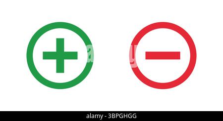 I simboli verdi più e rossi meno all'interno dei cerchi che rappresentano l'aumento negativo positivo della sottrazione dell'aggiunta diminuiscono la valutazione di disapprovazione dell'approvazione Illustrazione Vettoriale