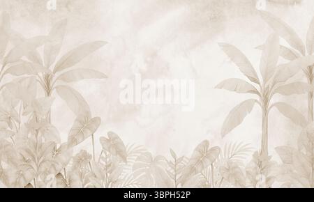 Murale beige con paesaggio di palme tropicali con morbide texture vintage: Arte botanica da parete Foto Stock