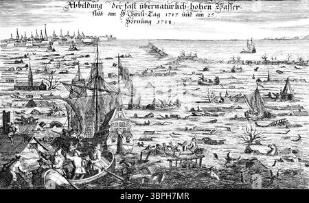 Incisione storica raffigurante la devastazione dell'alluvione natalizia del 1717, che colpì le regioni costiere dei Paesi Bassi, della Germania e della Scandinavia. L'ondata di tempesta nella notte di Natale ha causato circa 14.000 vittime. Foto Stock