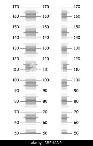Tabelle altezza bambini da 50 a 170 centimetri. Set di modelli per adesivo di crescita parete isolato su sfondo bianco. Metro a parete, righello di crescita Illustrazione Vettoriale