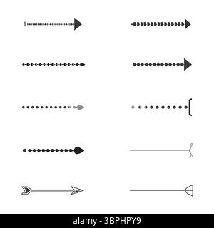 Freccia fatta di punti. Variazioni delle frecce decorative. Design in stile pixel. Moderne frecce nere. Illustrazione Vettoriale