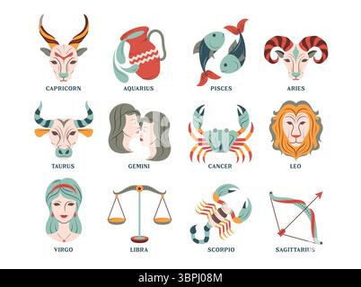 Segni zodiacali che disegnano il set di clipart dell'oroscopio. Clip art per simboli zodiacali astrologici con vettoriale di raccolta di pittogrammi astratti del mese di nascita Illustrazione Vettoriale