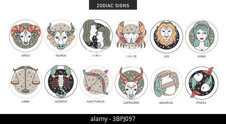 Segni zodiacali che disegnano il gruppo clipart del cerchio. Oroscopo astrologico pittogramma simbolo zodiaco clip art della collezione di icone 12 mesi di nascita su sfondo bianco Illustrazione Vettoriale