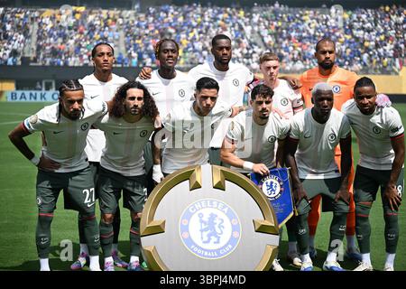 New Jersey, Stati Uniti. 8 luglio 2025. I giocatori del Chelsea posano per le foto prima della semifinale tra il Fluminense FC (Brasile) e il Chelsea FC (Inghilterra) alla Coppa del mondo per club FIFA 2025 al MetLife Stadium, New Jersey, Stati Uniti, 8 luglio 2025. Crediti: Wu Xiaoling/Xinhua/Alamy Live News Foto Stock