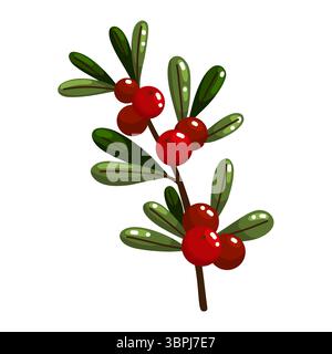 Illustrazione dettagliata disegnata a mano di un ramo adornato con bacche rosse e foglie verdi. Opere d'arte digitali naturali perfette per l'autunno e l'inverno Illustrazione Vettoriale