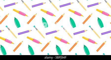 Colorato motivo senza cuciture Back to School con penne, matite e felty penne, perfetto per disegni didattici, Back to School o materiale promozionale. Illustrazione Vettoriale