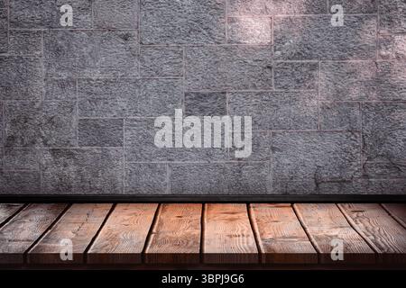 L'illustrazione dal design piatto presenta una piattaforma in legno con pareti in mattoni di pietra testurizzata e finiture scure Foto Stock