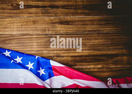 La sezione della bandiera americana è ricoperta di legno rustico in un'illustrazione piatta che mostra strisce a stelle Foto Stock