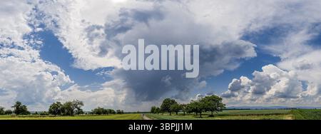 Foto panoramica di un temporale che si muove attraverso il paese con nuvole mostruose nel cielo e campi agricoli a terra Foto Stock