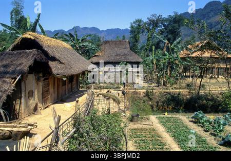 Diapositiva scansionata di una storica fotografia a colori di palafitte in un villaggio della minoranza etnica del fiorito Hmong nel Vietnam del Nord nel Rosso Foto Stock
