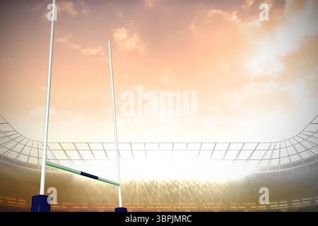 Il design piatto mostra pali da rugby bianchi con barra trasversale verde sotto i fari e il tetto curvo Foto Stock