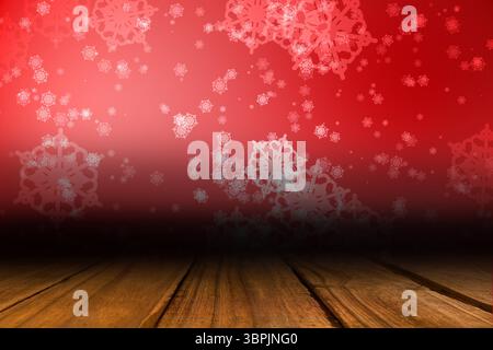 Carta da parati con fiocchi di neve sulle tavole del pavimento Foto Stock
