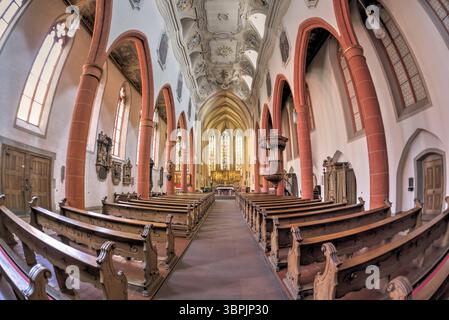 Interno della chiesa cittadina di Limburgo in un colpo distorto grandangolare, Limburg an der Lahn, Germania, Europa Foto Stock