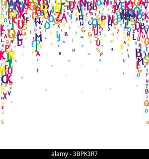 Lettere latine volanti. Carte colorate dell'alfabeto inglese sparse per bambini. Concetto di studio delle lingue straniere. Banner di ritorno a scuola su sfondo bianco. Illustrazione Vettoriale