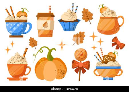 Set di bevande dessert al caffè in una tazza. Illustrazione vettoriale isolata su sfondo bianco. Latte di zucca, tè, cappuccino con panna e cupcake Illustrazione Vettoriale