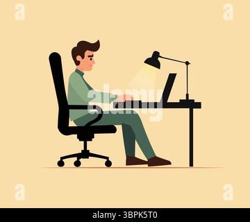 Uomo che lavora su un laptop – illustrazione vettoriale seduta alla scrivania e alla sedia Illustrazione Vettoriale