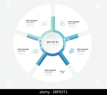 Diagramma a torta circolare a 5 sezioni – Infografica aziendale per la visualizzazione di processi e dati Illustrazione Vettoriale