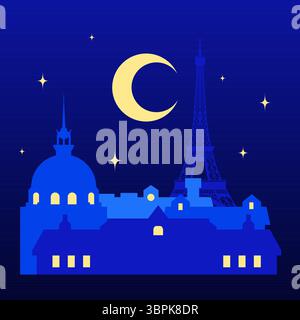 Francia di notte - illustrazione colorata in stile piatto Illustrazione Vettoriale