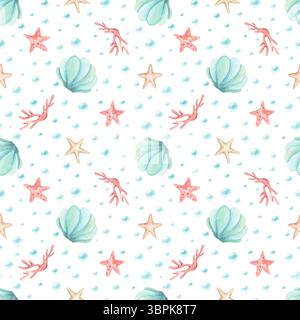 Oggetti sott'acqua con motivo senza cuciture. Conchiglia, coralli, stelle marine, stelle e bolle. Illustrazione acquerello isolata dallo sfondo. Mare disegnato a mano Foto Stock