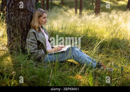 lavoratrice autonoma che utilizza un notebook nel parco. nomade digitale, proprietario di una piccola impresa seduto contro l'albero e lavora in remoto in natura. remo freelance Foto Stock