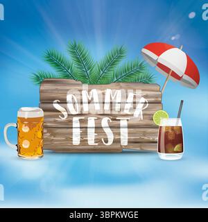Sommerfest Blue Sky Sunbeam Beaar cocktail Wood Cover Germant text Sommerfest, Translate Summer Fair. Foto Stock