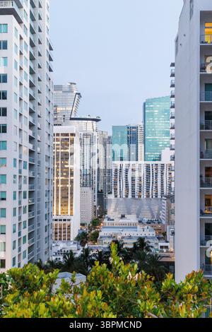 Denso gruppo di edifici alti a Miami al tramonto, illuminati da una luce calda Foto Stock