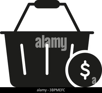 Carrello con icona a forma di simbolo del dollaro. Simbolo di silhouette per pagamenti al dettaglio, e-Commerce e transazioni finanziarie. Spese e acquisti consumer Illustrazione Vettoriale