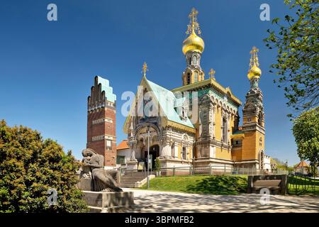 Torre dei matrimoni e Cappella Russa, Mathildenhoehe, sito patrimonio dell'umanità dell'UNESCO, Germania, Assia, Darmstadt Foto Stock