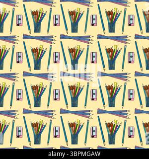 Motivo colorato senza cuciture con matite, pennelli, penne, righello e nitidezza su sfondo giallo. Per il tema del ritorno a scuola, per la scuola o per l'ufficio, Illustrazione Vettoriale