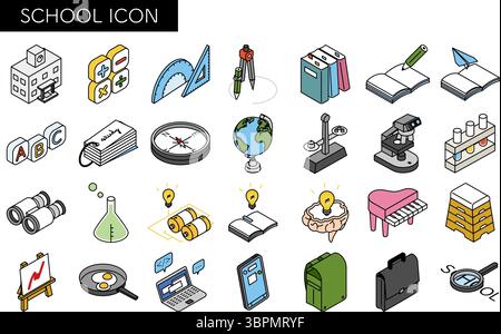 Set di icone di disegno lineare semplice di scuola e studio, illustrazione isometrica, illustrazione vettoriale Illustrazione Vettoriale
