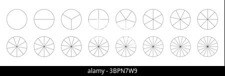 Grafici segmentati. Modello grafico Pizza. Set di grafici a torta. Molti settori dividono il cerchio su parti uguali. Infografica sulla raccolta di segmenti Illustrazione Vettoriale