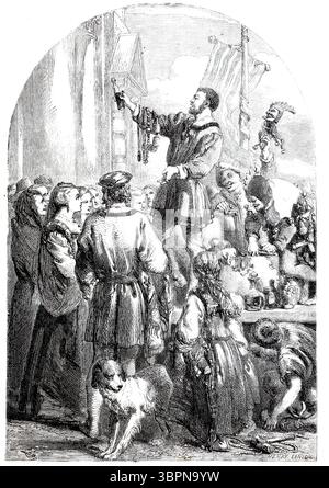 Illustrazione tratta da un romanzo di Adolf Mützelburg, la Sposa di Venezia, lo sposo ispeziona il trousseau di fronte a una folla, 1870, Italia, riproduzione digitalmente migliorata da un originale del XIX secolo, storico, data esatta sconosciuta Foto Stock