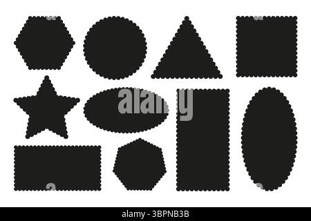 Set di forme con bordi a squillo. Rettangolare, poligono, rotondo, stella, triangolo, telai ovali, quadrati smerlati. Etichette, etichette, francobolli, cracker Illustrazione Vettoriale