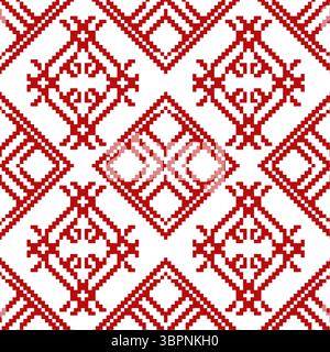 Un motivo pixel art senza interruzioni e ripetitivo in rosso e bianco vibrante, caratterizzato da forme geometriche complesse. Foto Stock