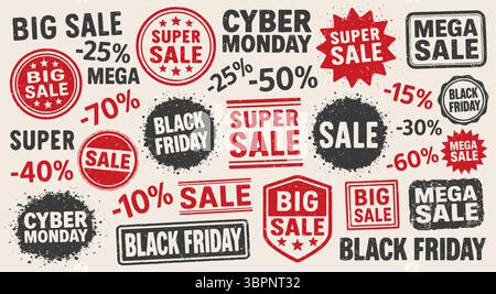 Set vettoriale per timbri grunge di vendita. Collezione di design con timbri in gomma Black Friday. Confezione di francobolli Mega sale. Seal cyber Monday. Immagine di illustrazione vettoriale. Isolare Illustrazione Vettoriale