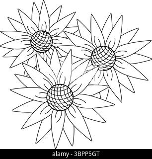 Composizione del bouquet di girasole. Illustrazione della linea grafica vettoriale. Firma silhouette per logo, stampa, fumetti, moda, pop art, tavole, design, adesivi, Illustrazione Vettoriale