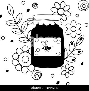 Vaso di miele in composizione di fiori e foglie. Illustrazione della linea grafica vettoriale. vettoriale d'epoca che si ispira al tema del miele, dell'apicoltura. tesoro, miele Illustrazione Vettoriale