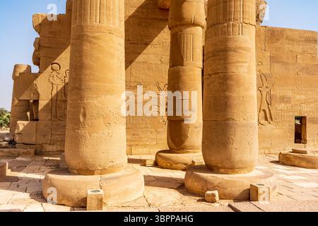 Resti del primo pilone e cortile del Ramesseum con colonnato papiro, Ramesseum, Luxor Foto Stock