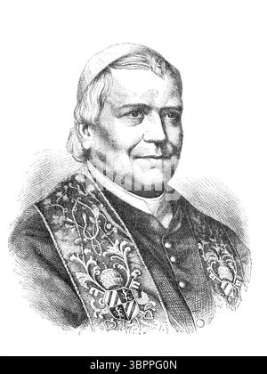 Pio IX (13 maggio 1792 – 7 febbraio 1878) è stato il 255° papa dal 1846 al 1878. Il suo pontificato, il più lungo mai registrato a 31 anni e 8 mesi, includeva la proclamazione del dogma dell'Immacolata Concezione di Maria, il Concilio Vaticano i con la sua propagazione del primato papale di giurisdizione e infallibilità papale, e la perdita dello Stato Pontificio a favore del Regno d'Italia. Storico, riproduzione di un originale con una scena del XIX secolo. Foto Stock