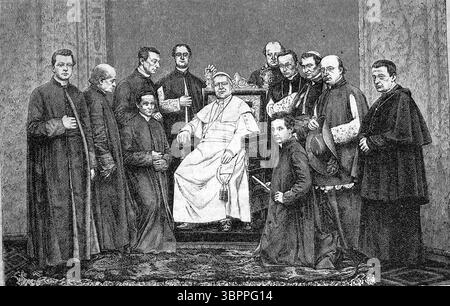 Pio IX, Giovanni Maria Mastai Ferretti (13 maggio 1792 – 7 febbraio 1878) è stato il 255° papa dal 1846 al 1878, qui con la sua Familia pontificia, ciambellani Papali, Corte Papale, storica, riproduzione di un originale con una scena del XIX secolo Foto Stock