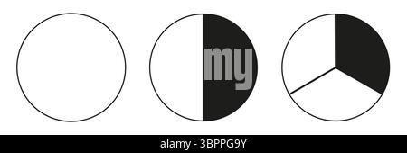 Raccolta di grafici segmentati. Molti settori dividono il cerchio su parti uguali. Contorno di grafica nera sottile. Set di grafici a torta. Illustrazione Vettoriale